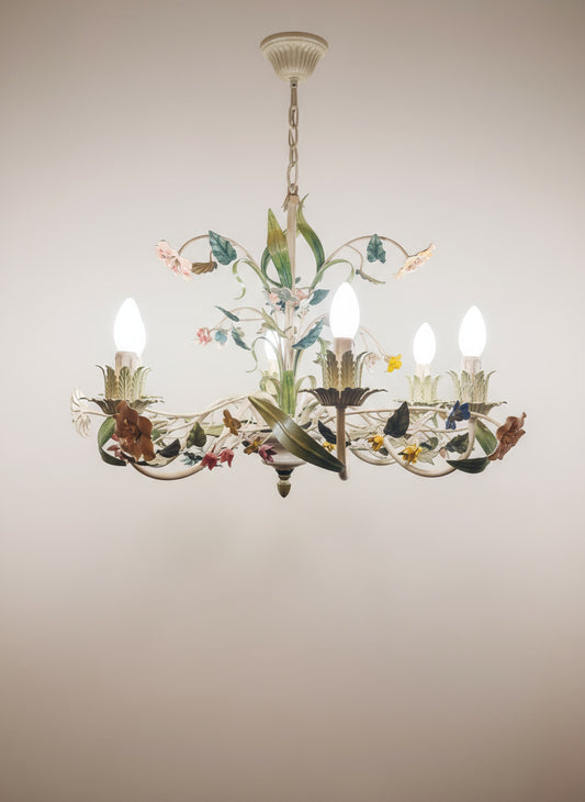 Toleware Italien, 6-armige Blumen-Kronleuchter, Deckenleuchte, 60er Jahre