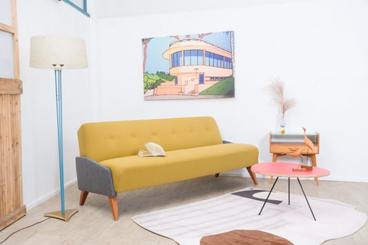 1950s fold-out sofa in streamline design – light yellow & heather grey