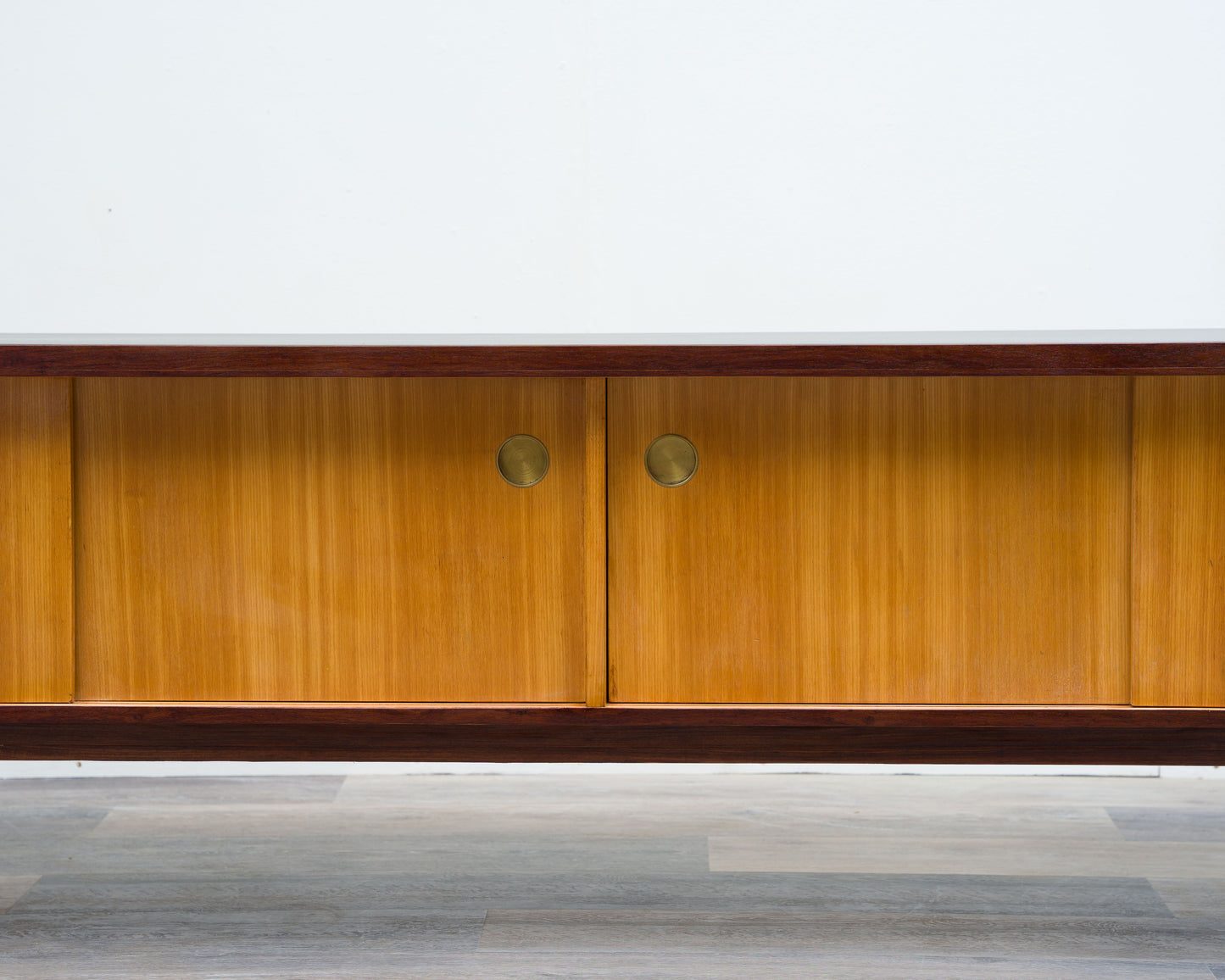 1950s lowboard in ash, surface with black Resopal. Professionally restored