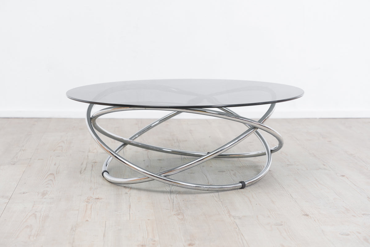 Round chrome and glass coffee table with ring base, Ø 82 cm, 1970s