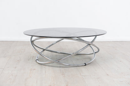 Round chrome and glass coffee table with ring base, Ø 82 cm, 1970s