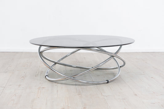 Runder Couchtisch aus Chrom und Glas mit Ringgestell, Ø 82 cm 70er Jahre