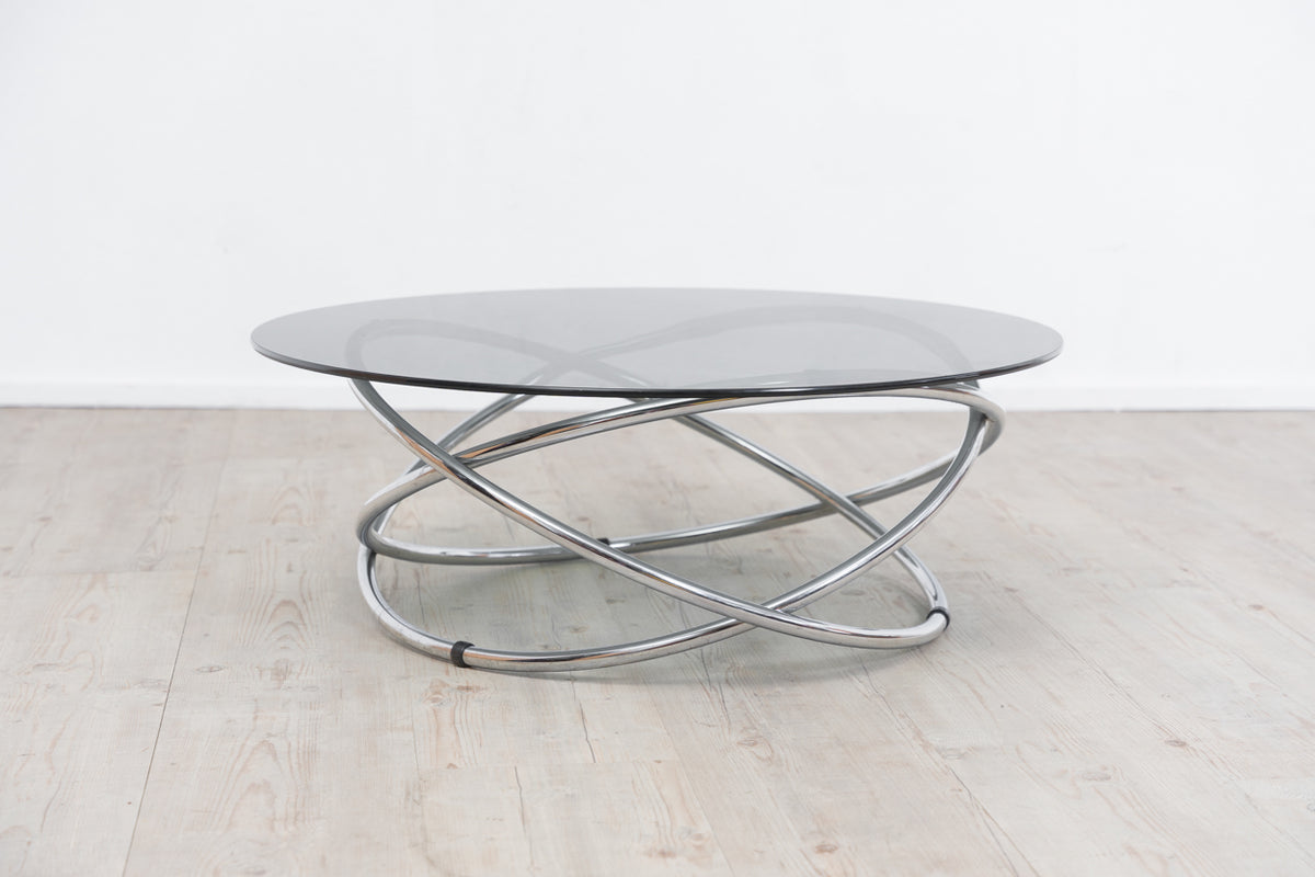 Round chrome and glass coffee table with ring base, Ø 82 cm, 1970s