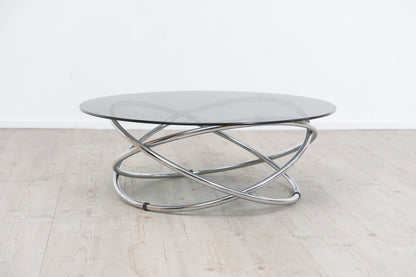 Round chrome and glass coffee table with ring base, Ø 82 cm, 1970s