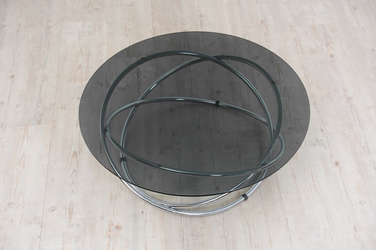 Round chrome and glass coffee table with ring base, Ø 82 cm, 1970s