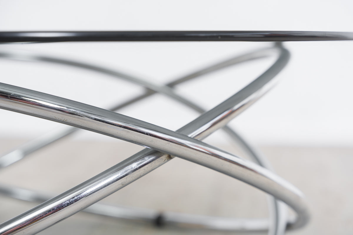Round chrome and glass coffee table with ring base, Ø 82 cm, 1970s