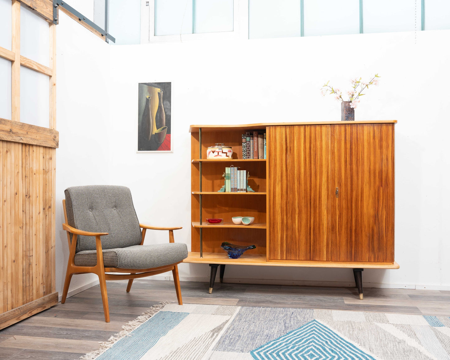 Highboard aus den 1950er Jahren aus Esche und Zebrano, mit offenen Regalen