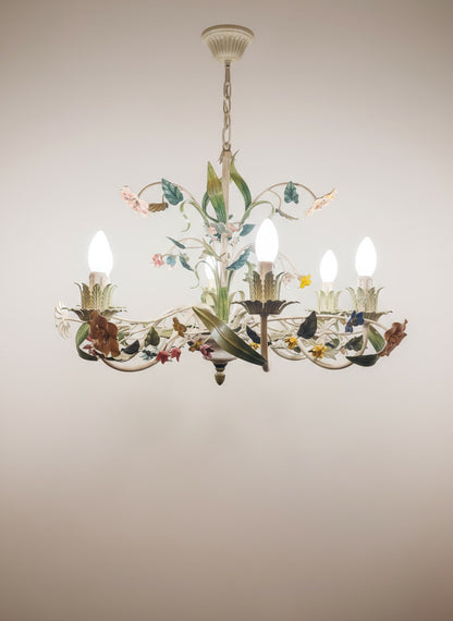 Toleware Italien, 6-armige Blumen-Kronleuchter, Deckenleuchte, 60er Jahre