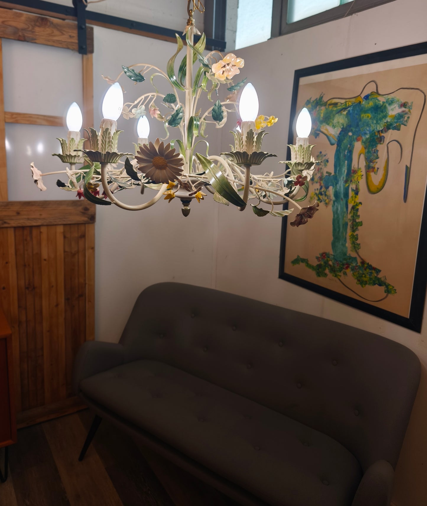 Toleware Italien, 6-armige Blumen-Kronleuchter, Deckenleuchte, 60er Jahre