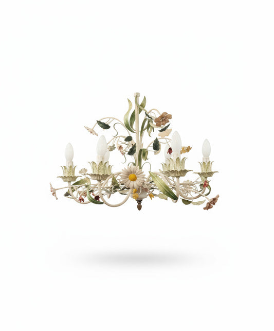Toleware Italien, 6-armige Blumen-Kronleuchter, Deckenleuchte, 60er Jahre