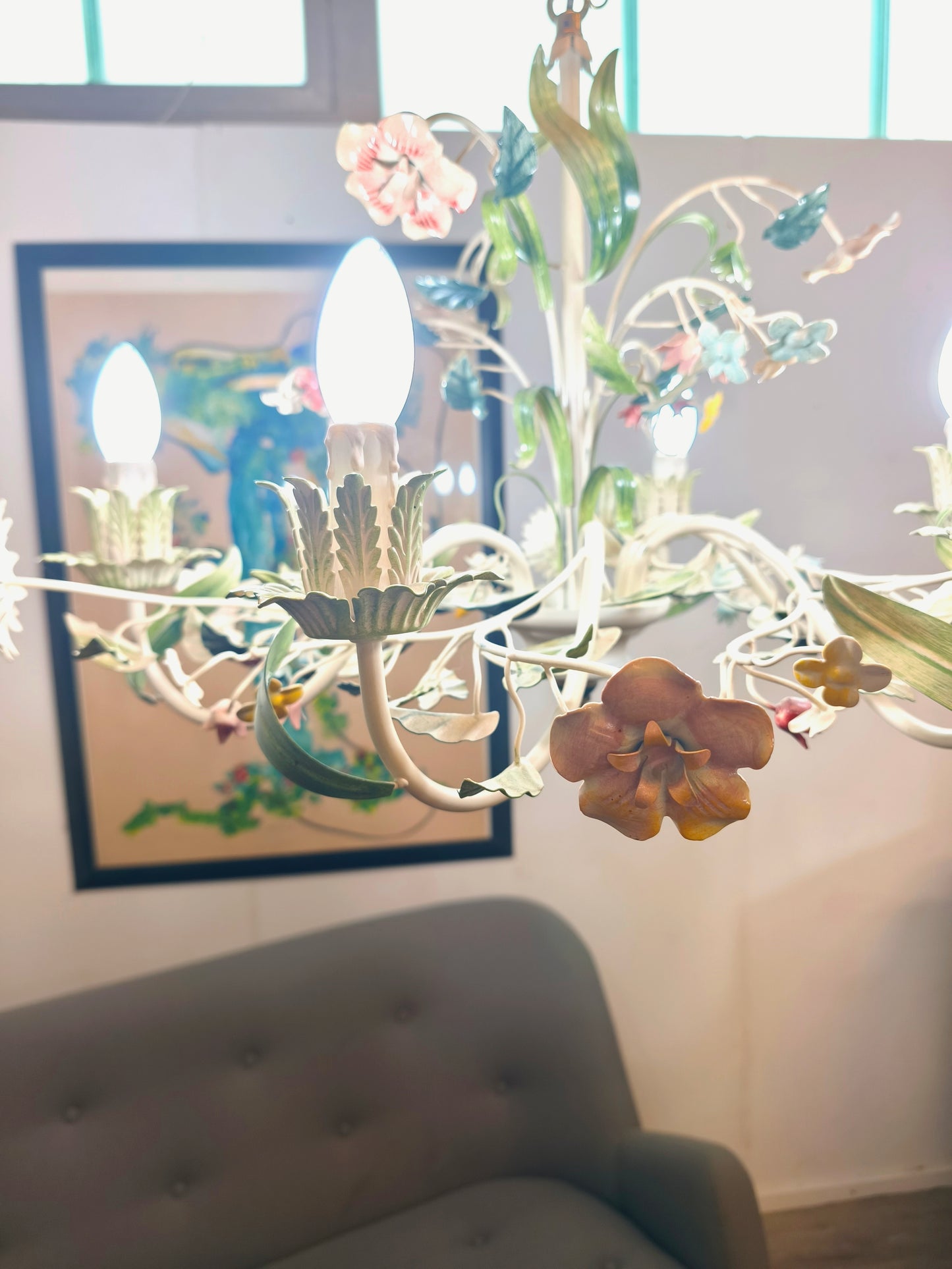 Toleware Italien, 6-armige Blumen-Kronleuchter, Deckenleuchte, 60er Jahre