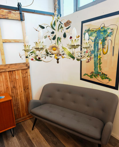 Toleware Italien, 6-armige Blumen-Kronleuchter, Deckenleuchte, 60er Jahre