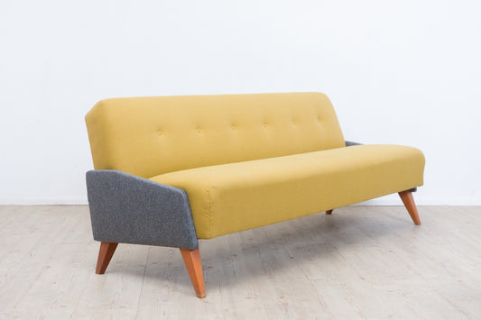 1950s fold-out sofa in streamline design – light yellow & heather grey