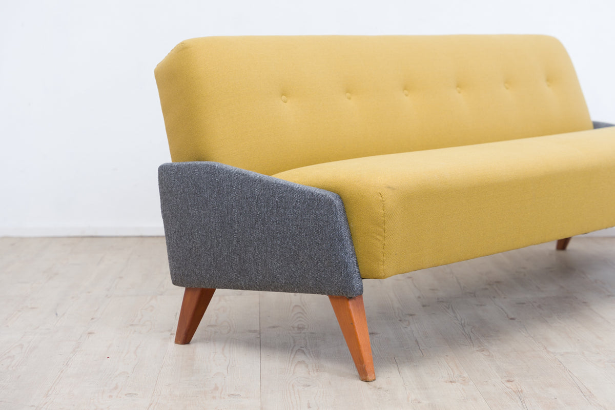 50er-Jahre Klappsofa im Streamline-Design – Hellgelb & Grau meliert