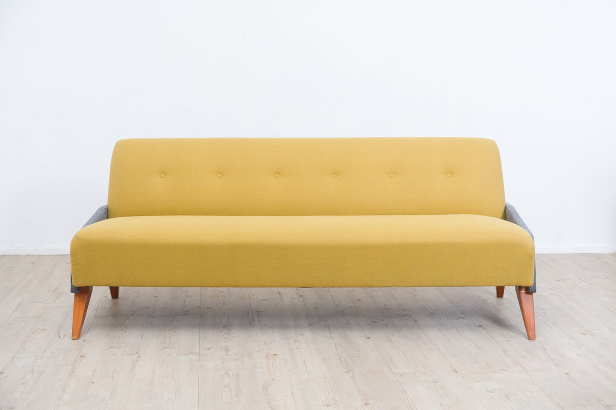 50er-Jahre Klappsofa im Streamline-Design – Hellgelb & Grau meliert