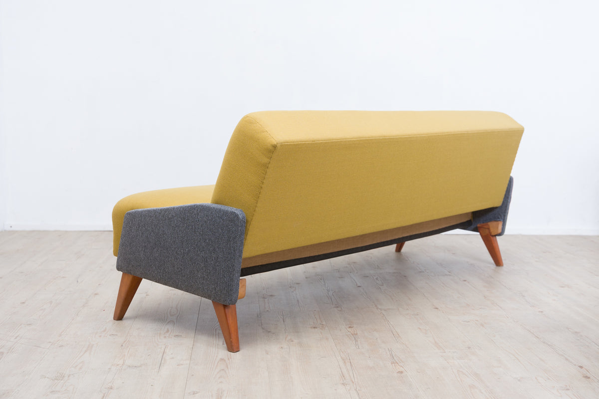 50er-Jahre Klappsofa im Streamline-Design – Hellgelb & Grau meliert