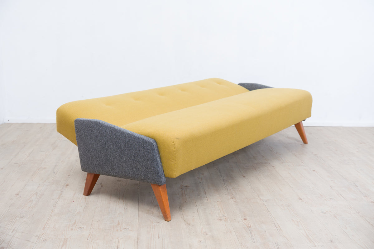 50er-Jahre Klappsofa im Streamline-Design – Hellgelb & Grau meliert