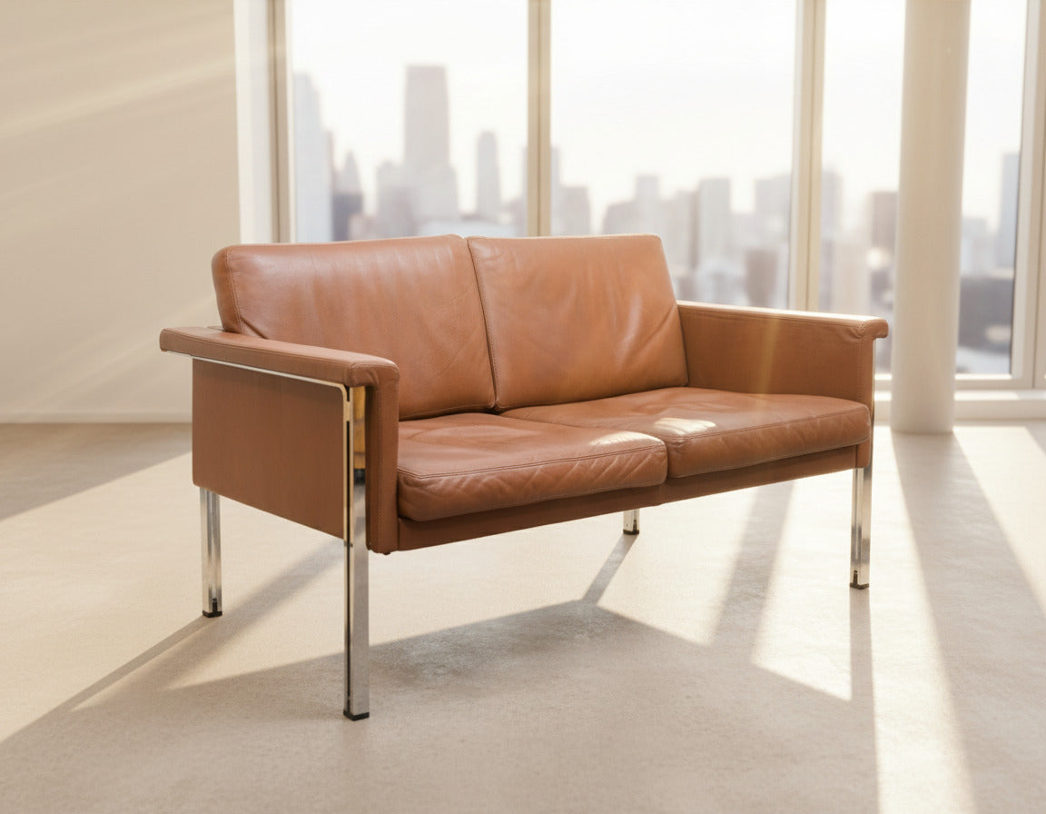 Zweisitzer  Ledersofa, 70er Jahre, Hersteller Sitag, cognacbraunes Leder.