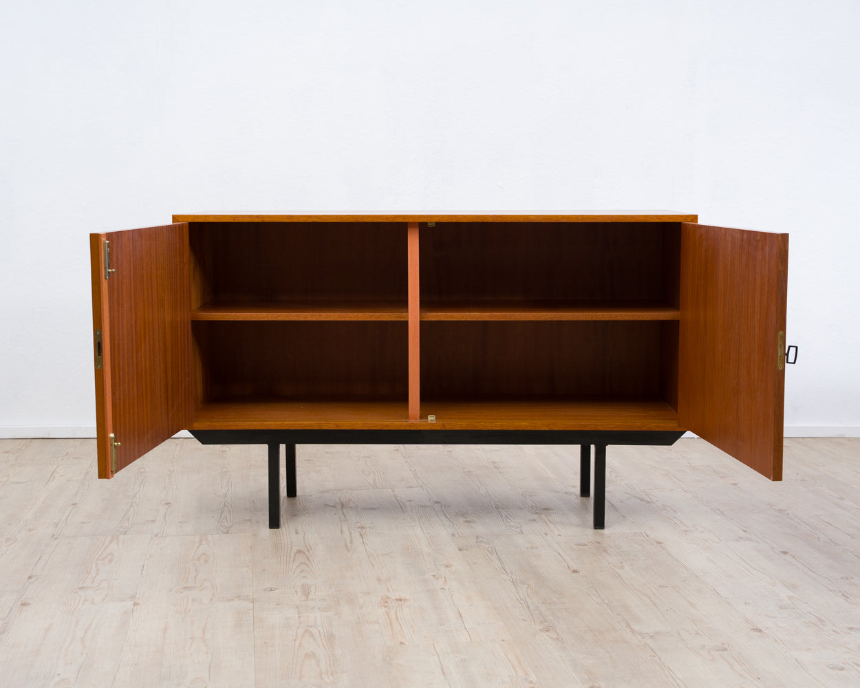 Two-door teak chest of drawers from the 60s with black metal frame