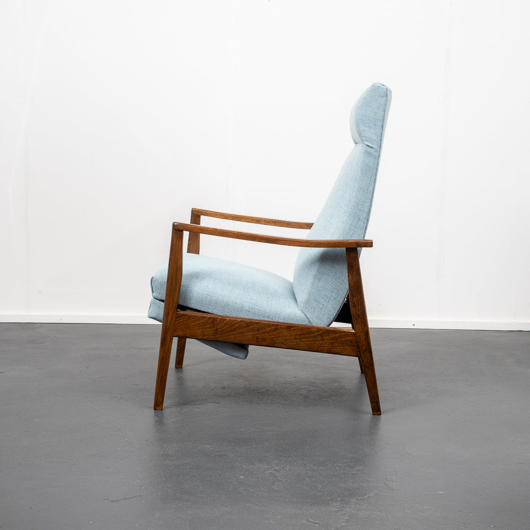 Fauteuil inclinable des années 1950, nouvellement rembourré, état neuf