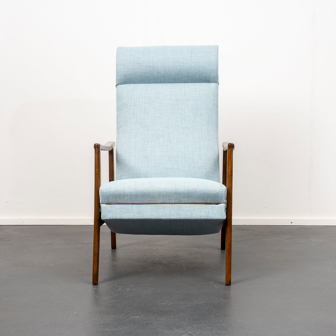 Fauteuil inclinable des années 1950, nouvellement rembourré, état neuf